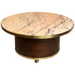 1970s Round Coffee Table with Pink Marble Top, Wood Veneer, Brass Inlay & Wheels