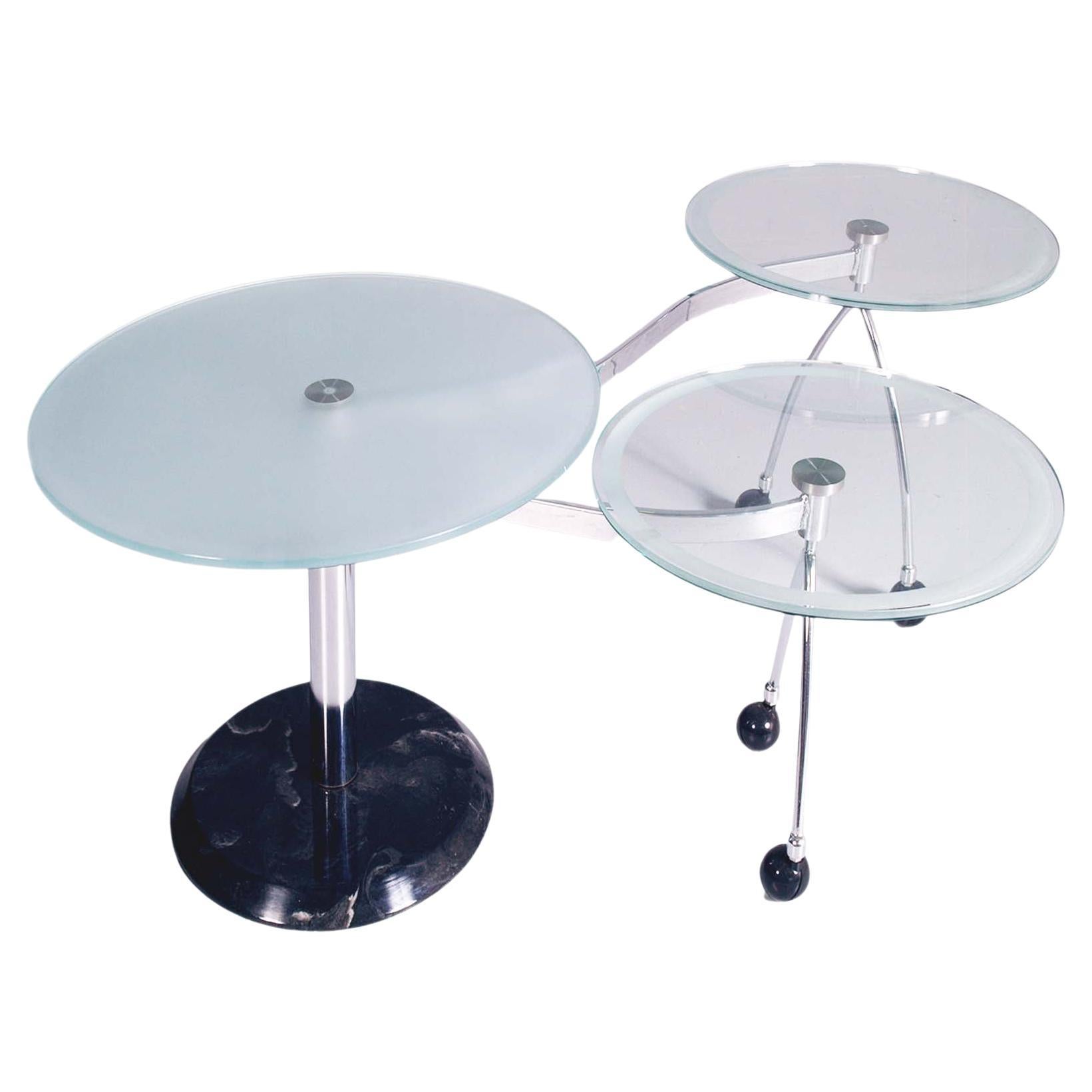 1970s Round Coffee Table with Two Rotating Satellites, Crystal, Chromed, Marble For Sale