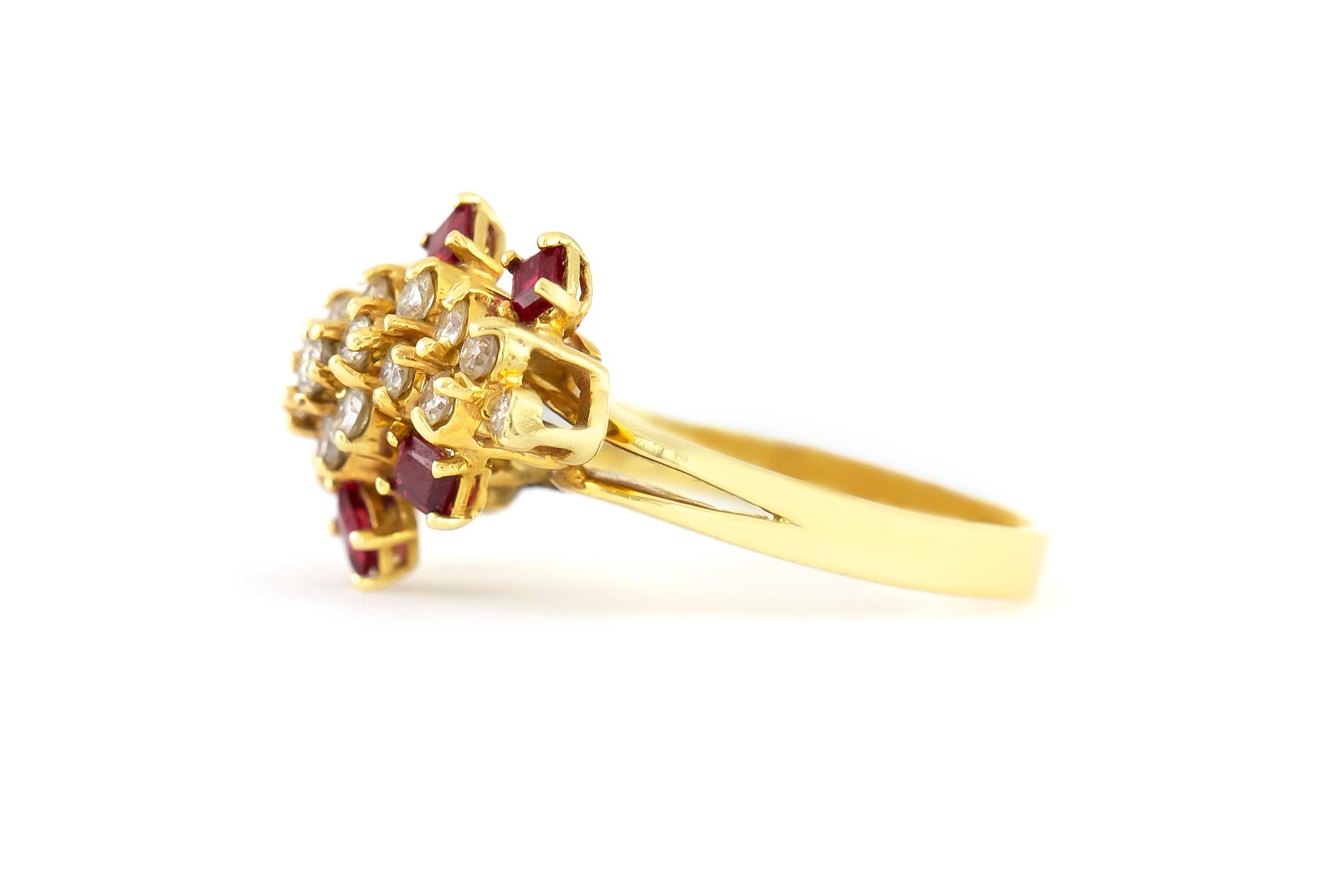 Finely crafted in 18k yellow gold with round cut diamonds weighing approximately a total of 0.60 carats, and square cut rubies weighing approximately a total of 1.00 carat.
Circa 1970.
Size 8, resizable