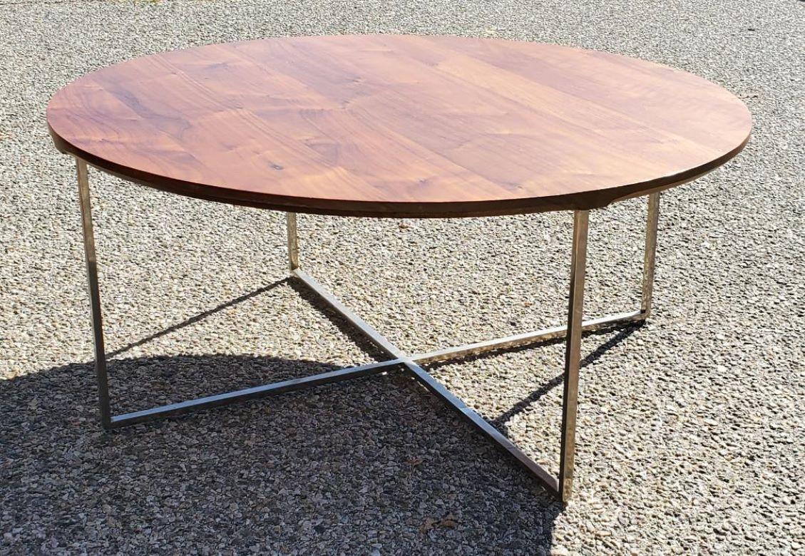1970s Round Milo Baughman Style Solid Walnut Coffee Cocktail Table Chrome Base For Sale 4
