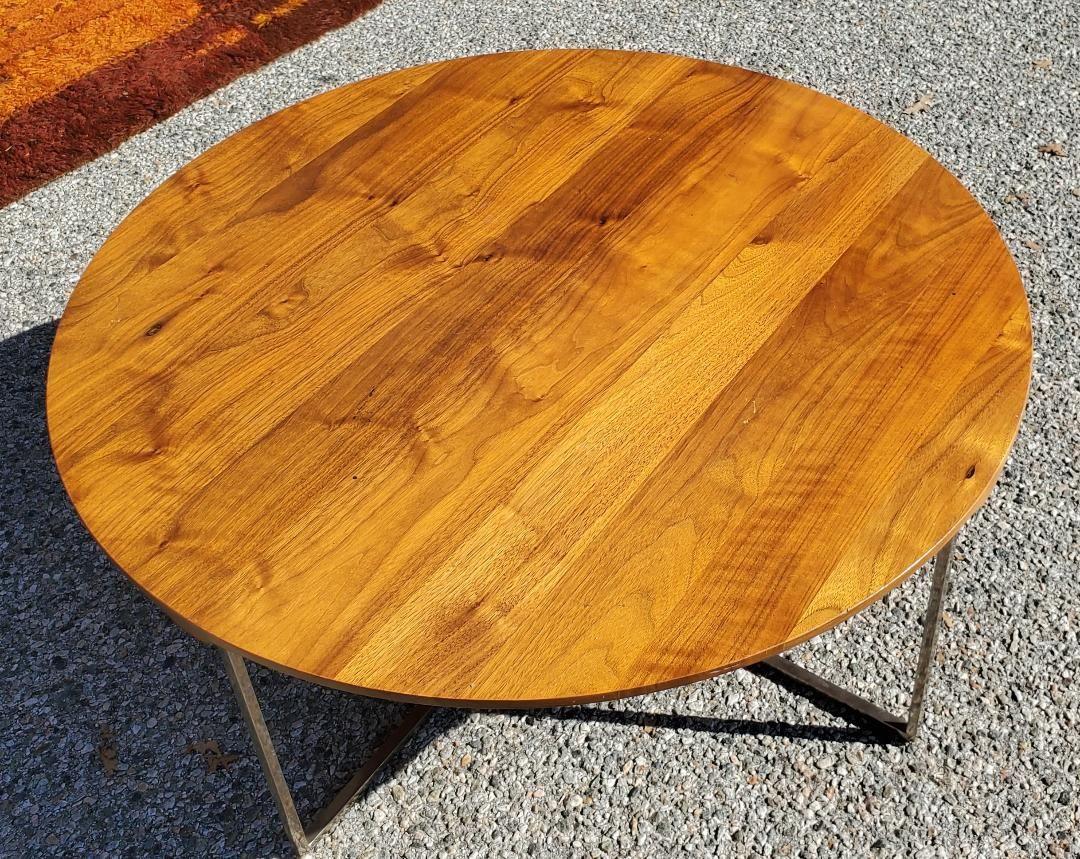 1970s Round Milo Baughman Style Solid Walnut Coffee Cocktail Table Chrome Base For Sale 6