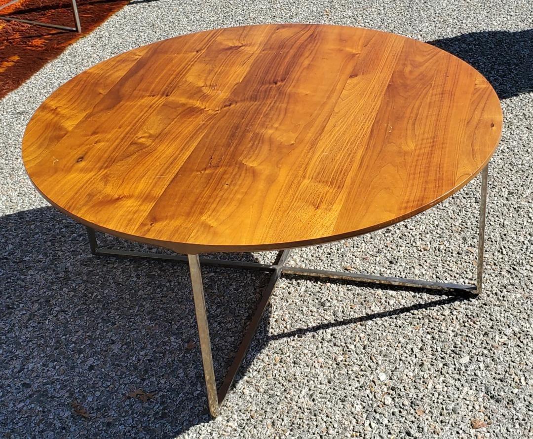 1970s Round Milo Baughman Style Solid Walnut Coffee Cocktail Table Chrome Base For Sale 7