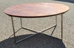 1970s Round Milo Baughman Style Solid Walnut Coffee Cocktail Table Chrome Base