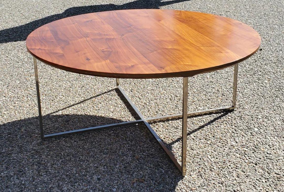 1970s Round Milo Baughman Style Solid Walnut Coffee Cocktail Table Chrome Base For Sale 3