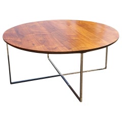 1970er Runde Milo Baughman Stil Massiv Nussbaum Kaffee Cocktail Tisch Chrom Basis