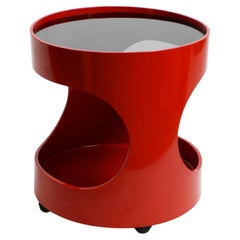 Retro 1970s round red side table from OPAL in Space Age design with smoked glass top
