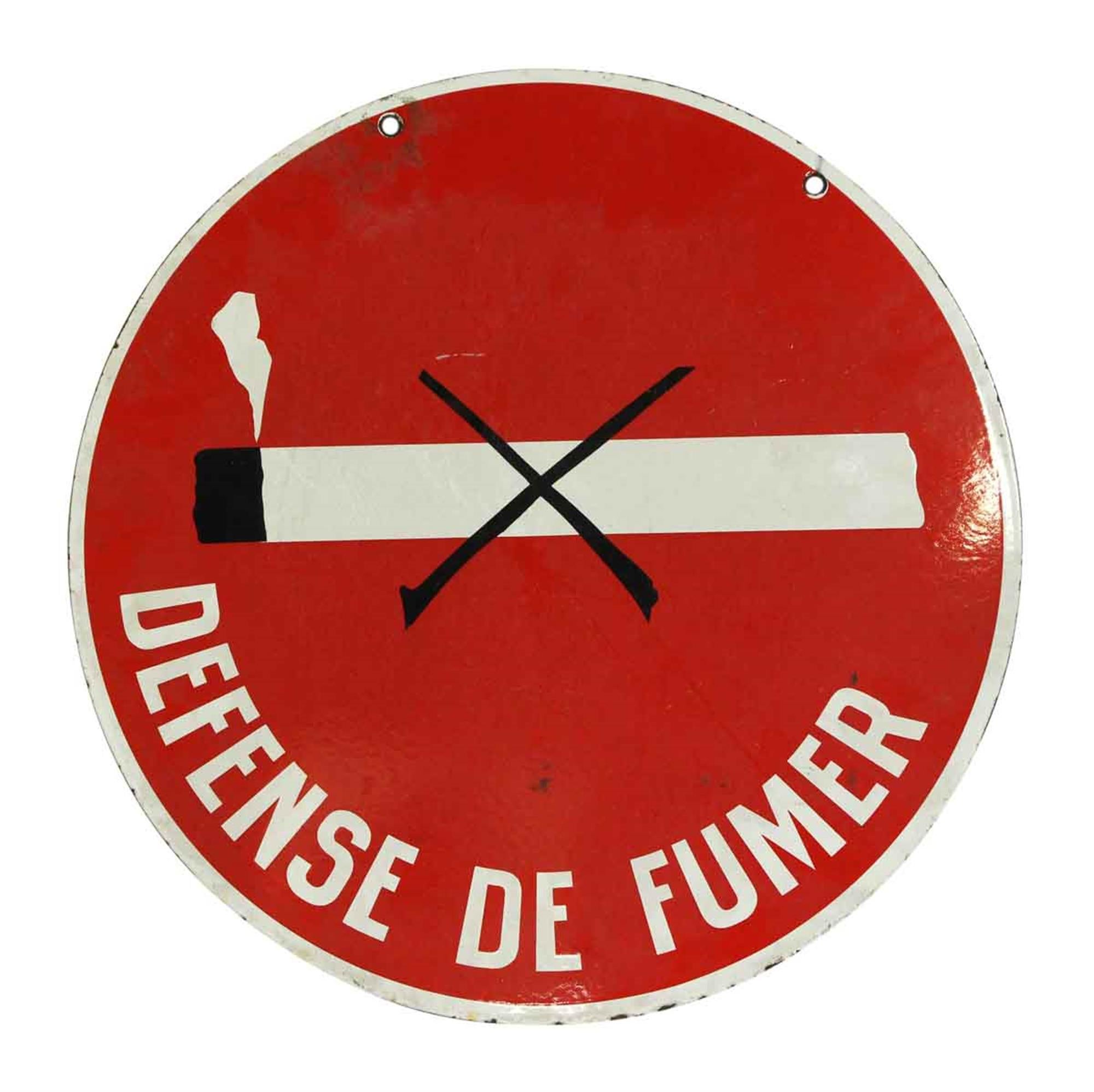 French 1970s Round Red with White Lettering Double Sided Defense de Fumer Sign