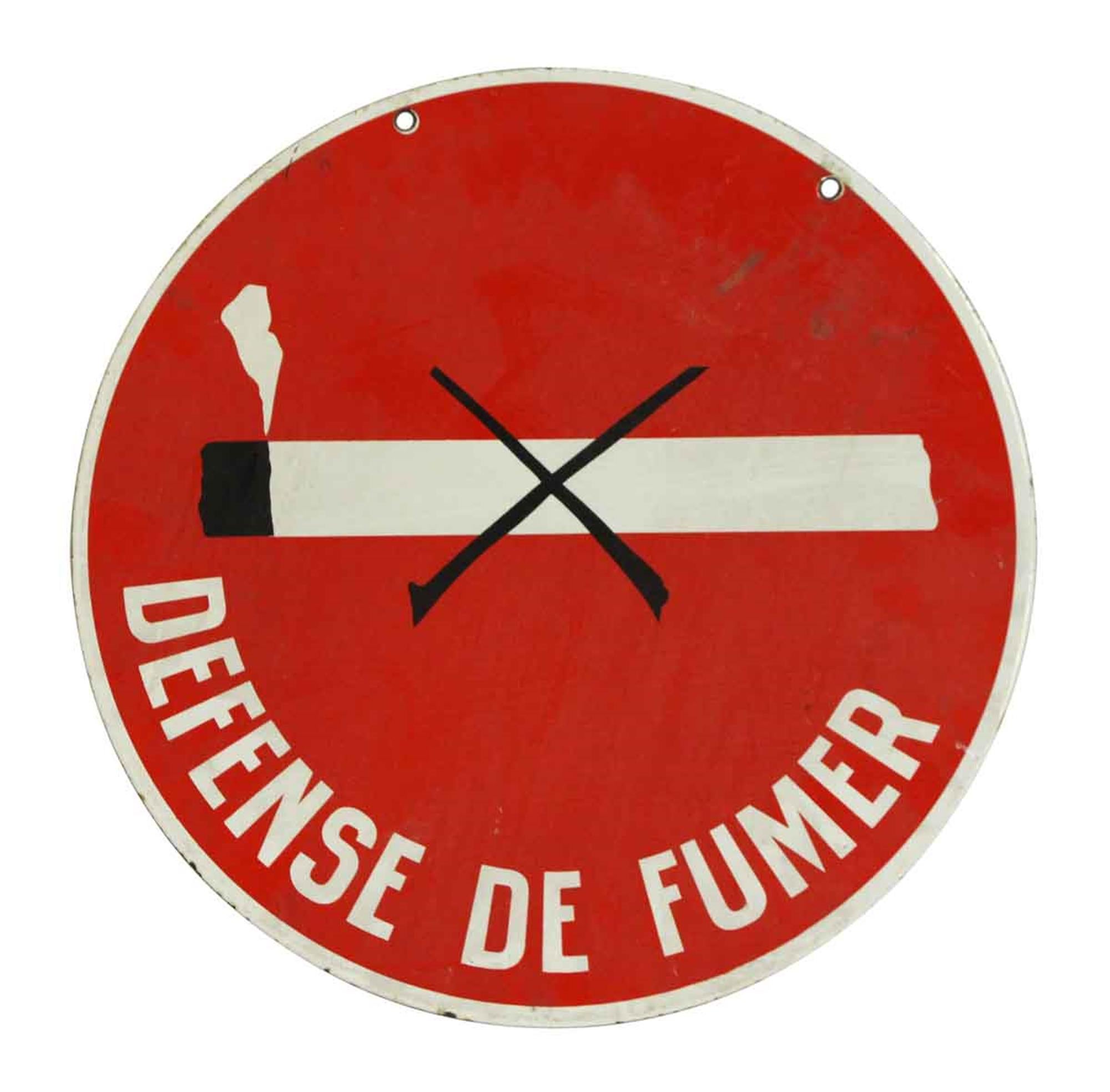 1970s Round Red with White Lettering Double Sided Defense de Fumer Sign