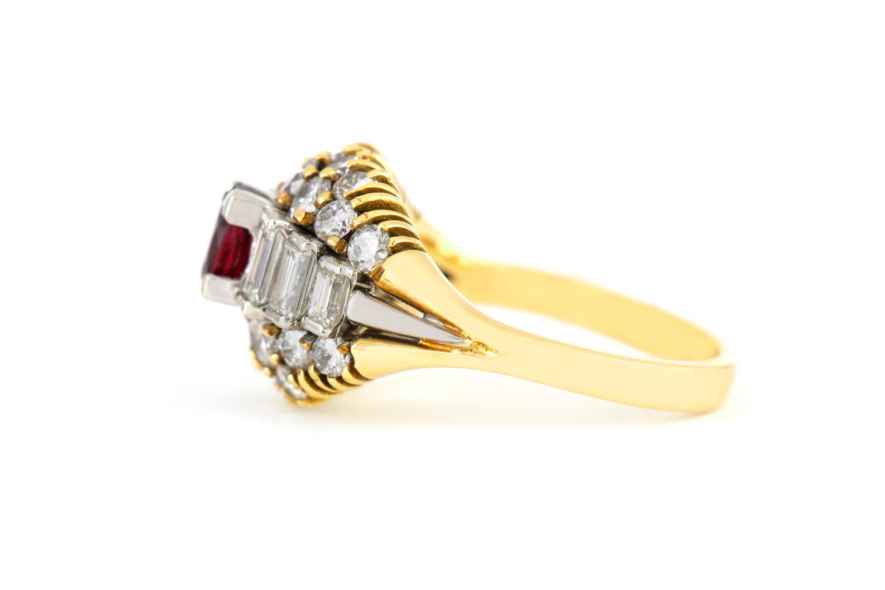 The ring is finely crafted in 14k yellow gold with center ruby weighing approximately total of 0.80 carat and diamonds baguette and round cut weighing approximately total of 1.86 carat.
Circa 1970.