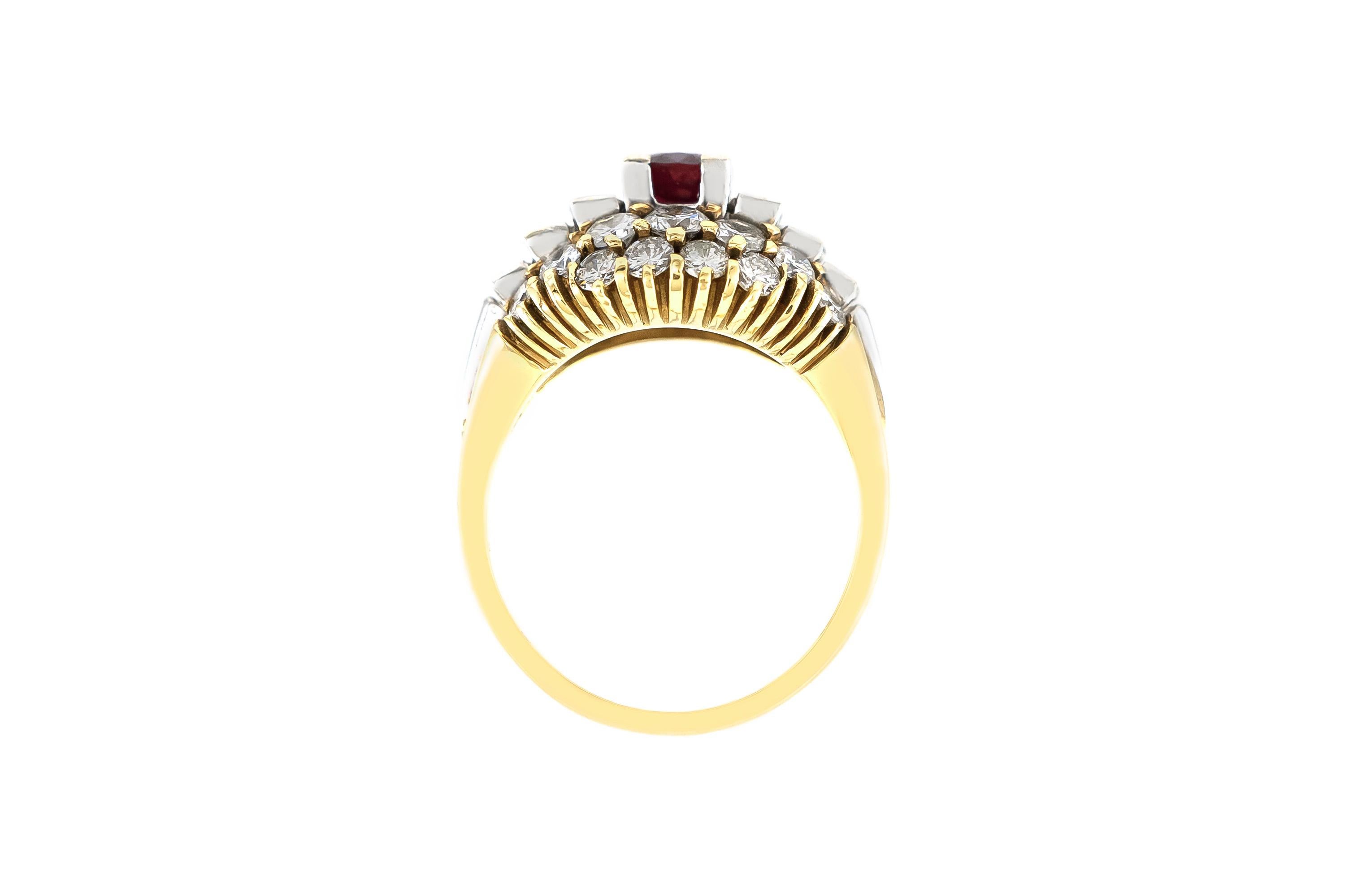 Round Cut 1970s Round Ruby and Baguette and Round Diamond Cut Ring For Sale
