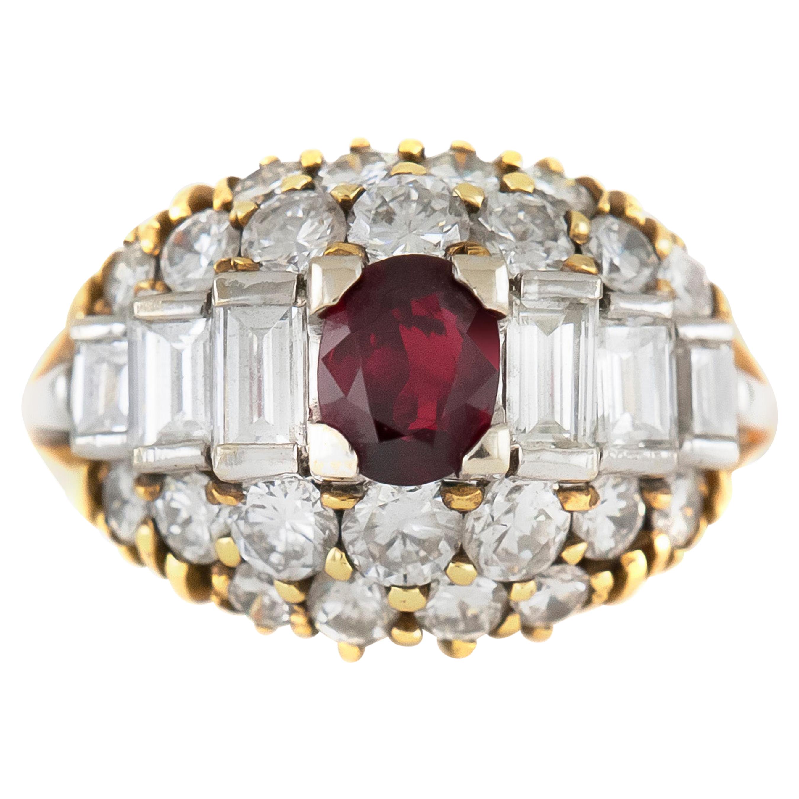 1970s Round Ruby and Baguette and Round Diamond Cut Ring For Sale