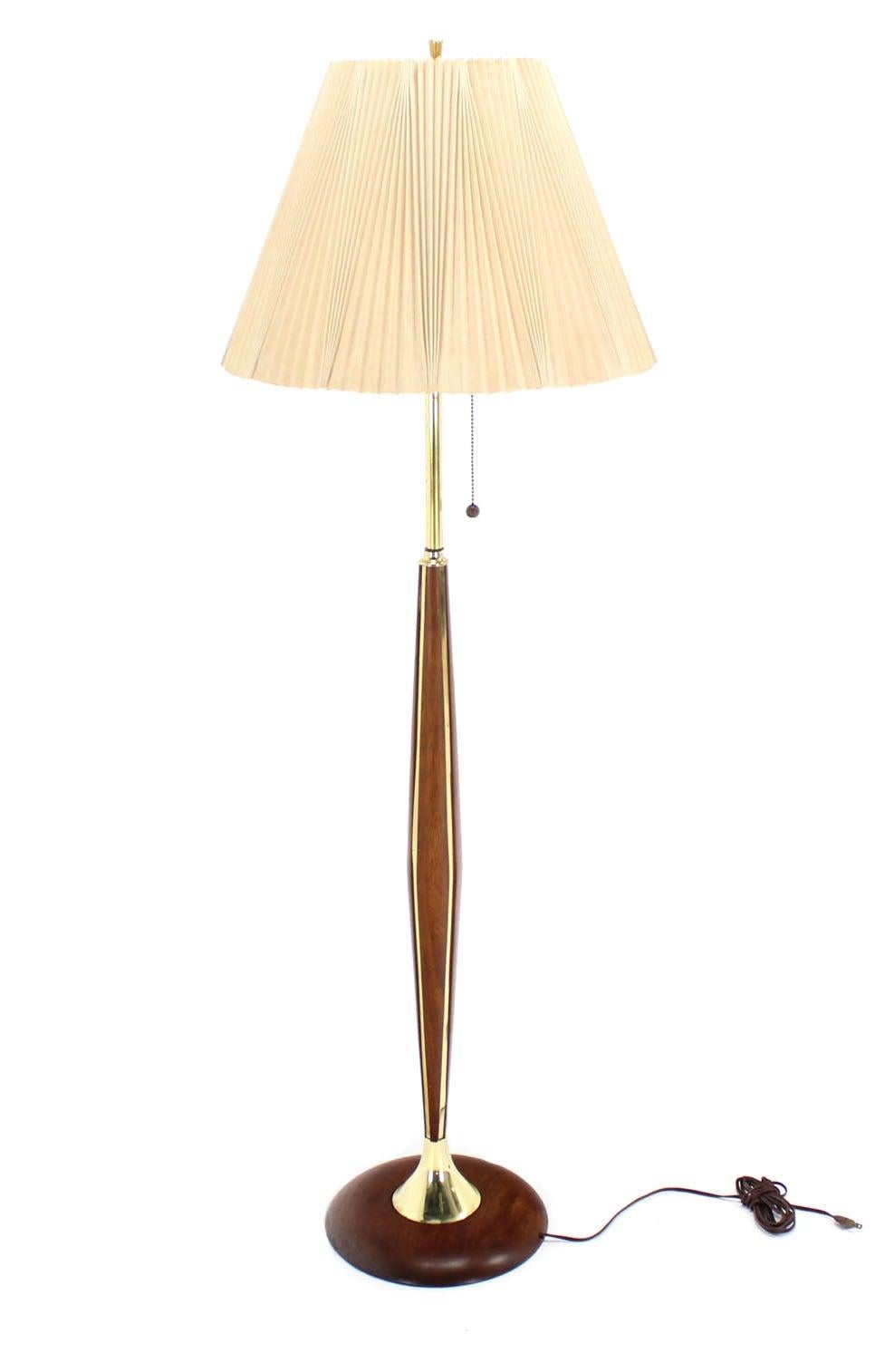 Mid-Century Modern 1970's Round Solid Oiled Walnut Brass Trims Base Mid Century Modern Floor Lamp For Sale