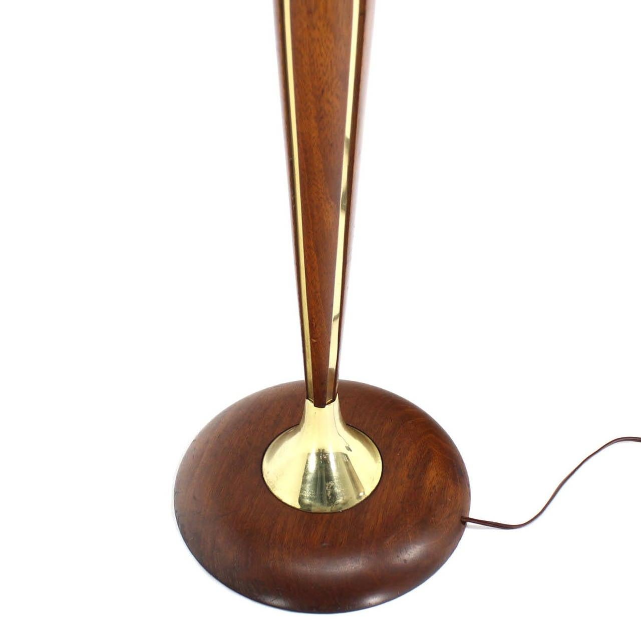 American 1970's Round Solid Oiled Walnut Brass Trims Base Mid Century Modern Floor Lamp For Sale