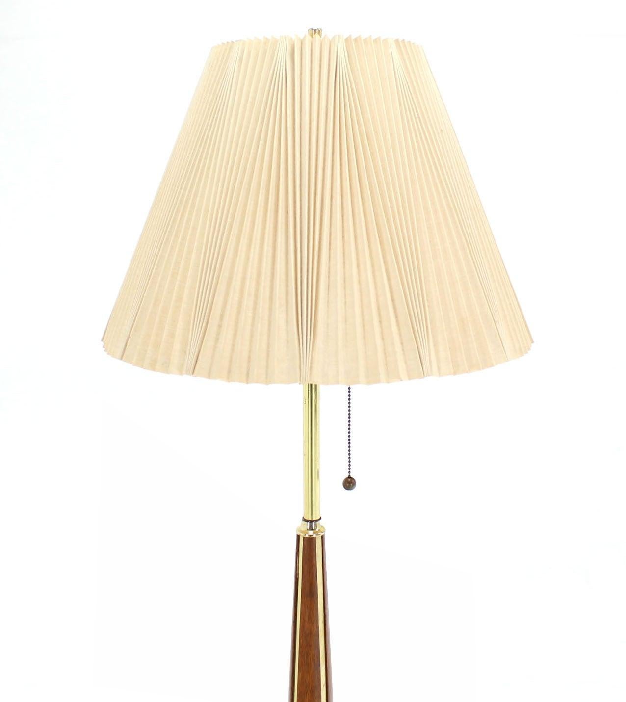 1970's Round Solid Oiled Walnut Brass Trims Base Mid Century Modern Floor Lamp For Sale 1