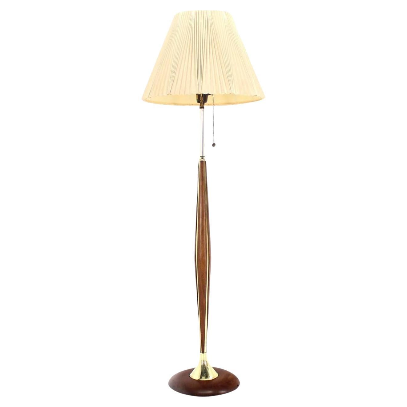 1970's Round Solid Oiled Walnut Brass Trims Base Mid Century Modern Floor Lamp For Sale