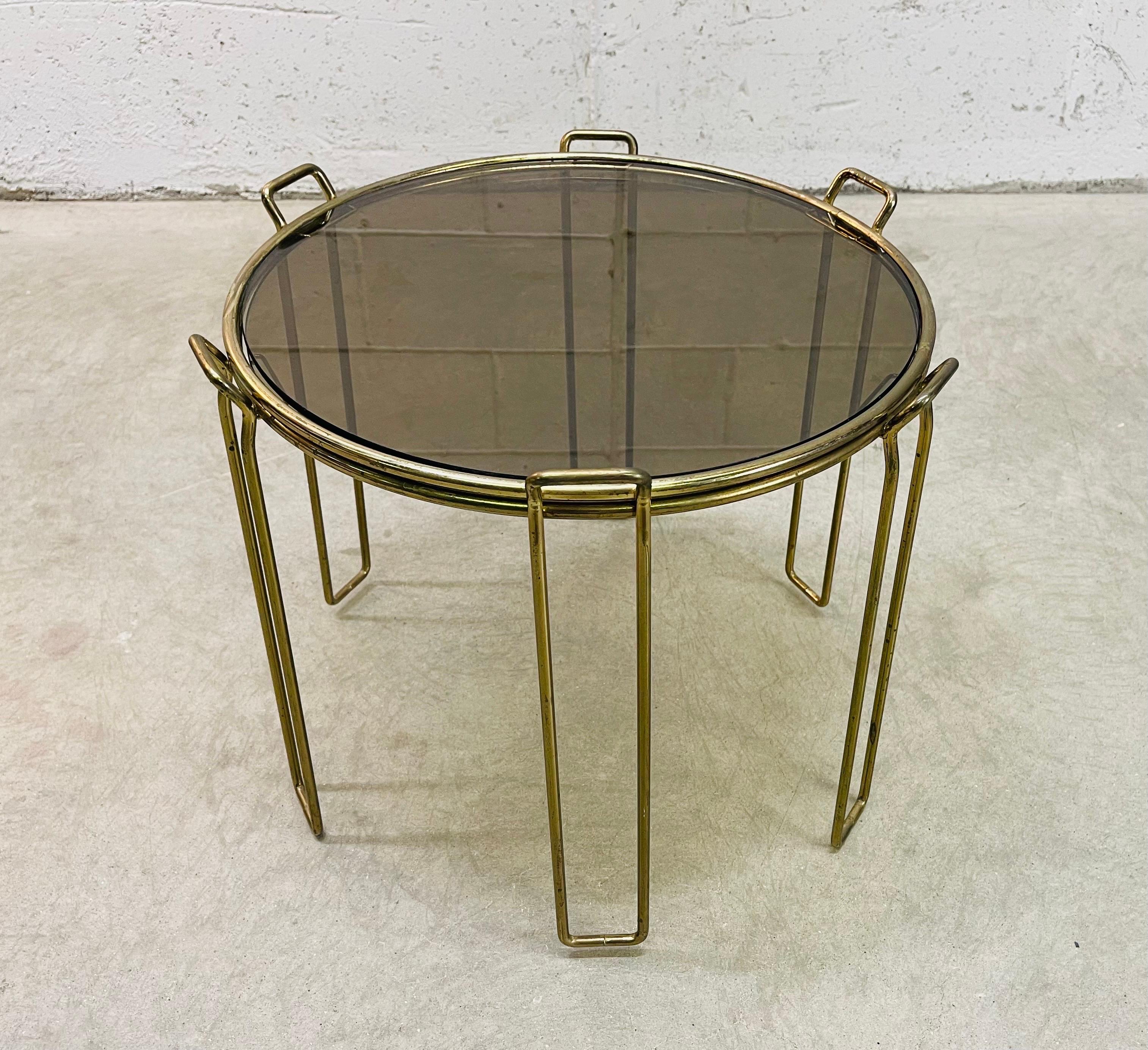 1970s Round Stacking Smoked Glass Side Tables, Pair In Good Condition For Sale In Amherst, NH