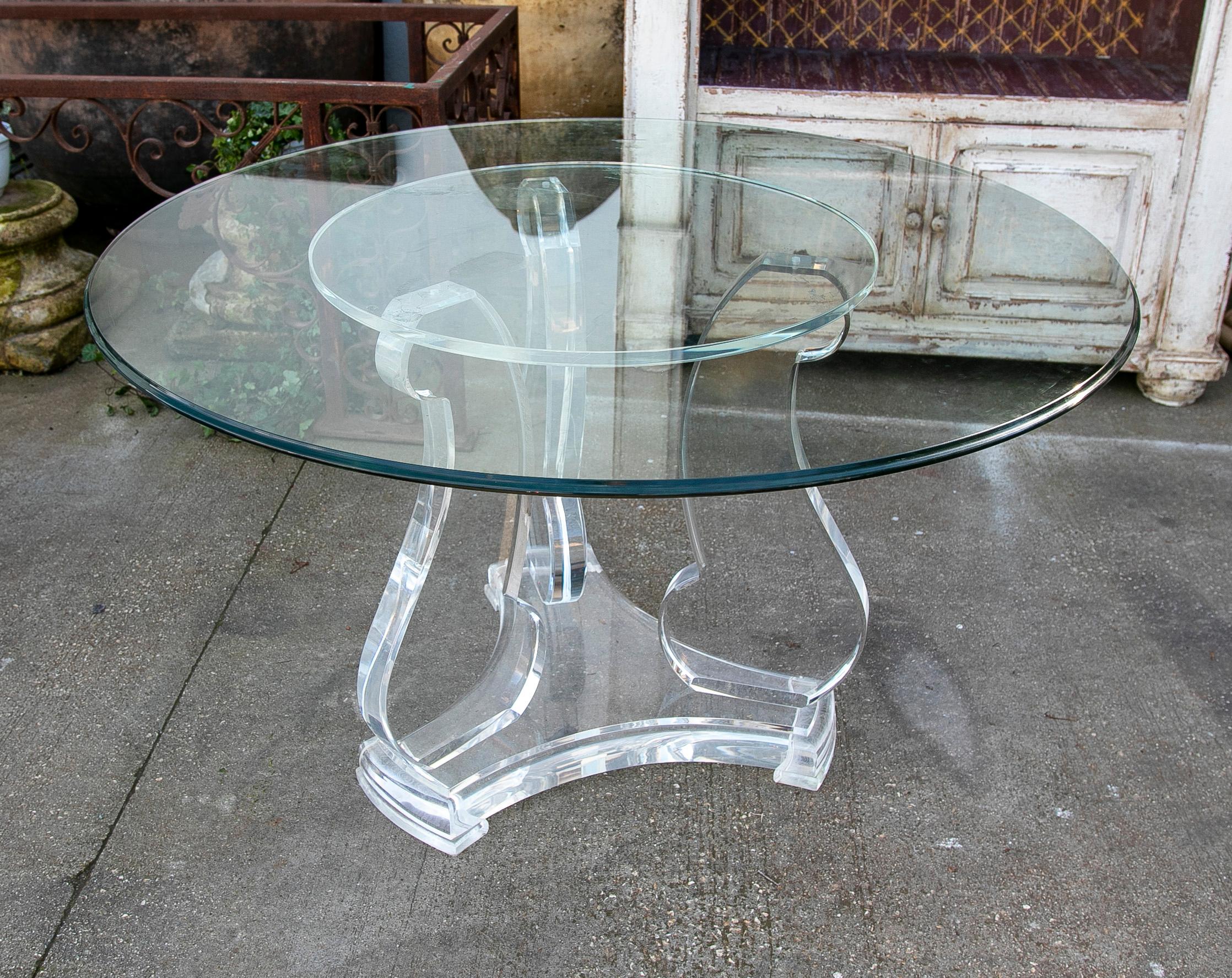 Spanish 1970s Round Table with Metraquilato Base and Reinforced Glass Top  For Sale