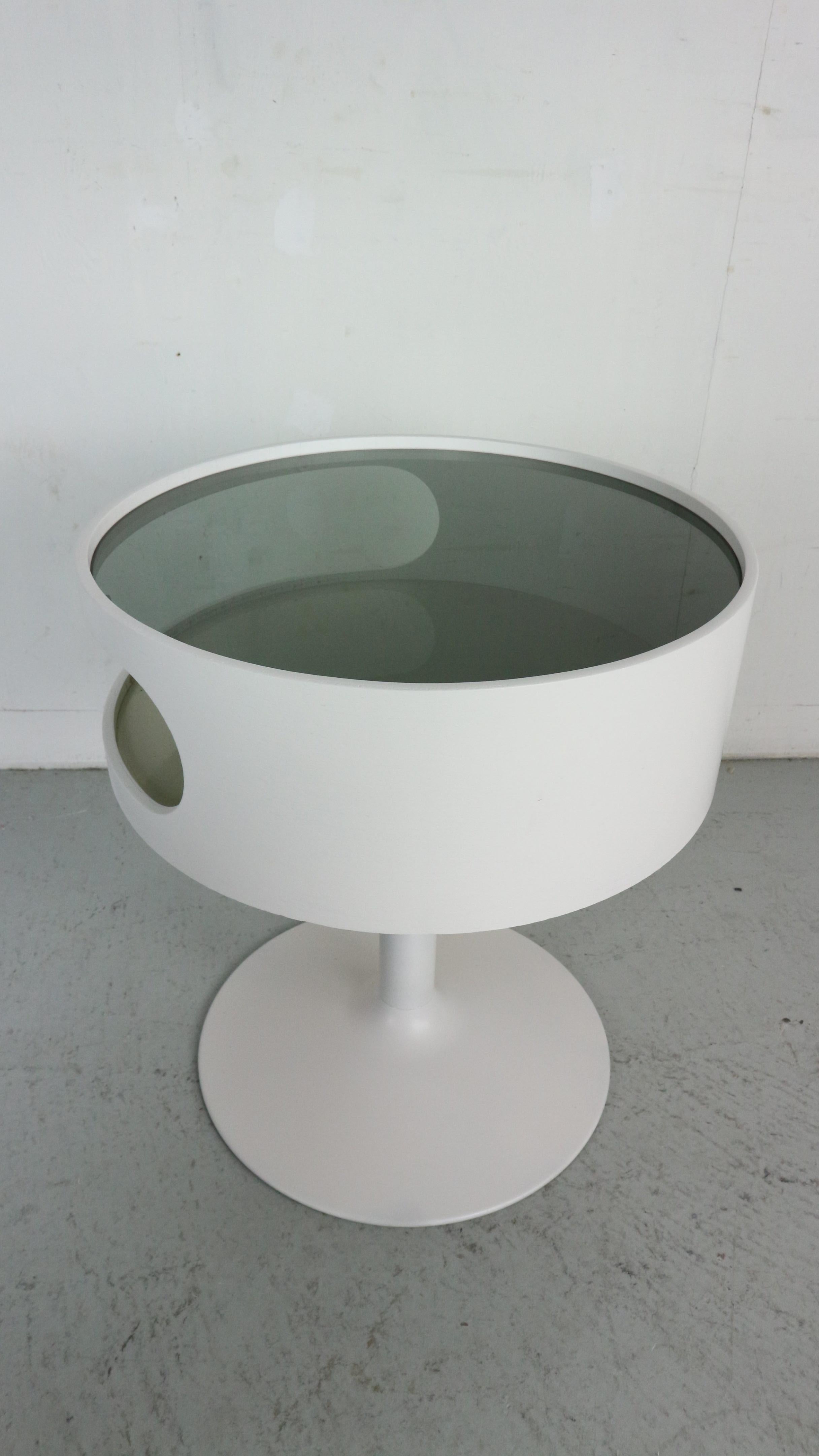 1970s round white side table from OPAL in Space Age design with smoked glass top 5
