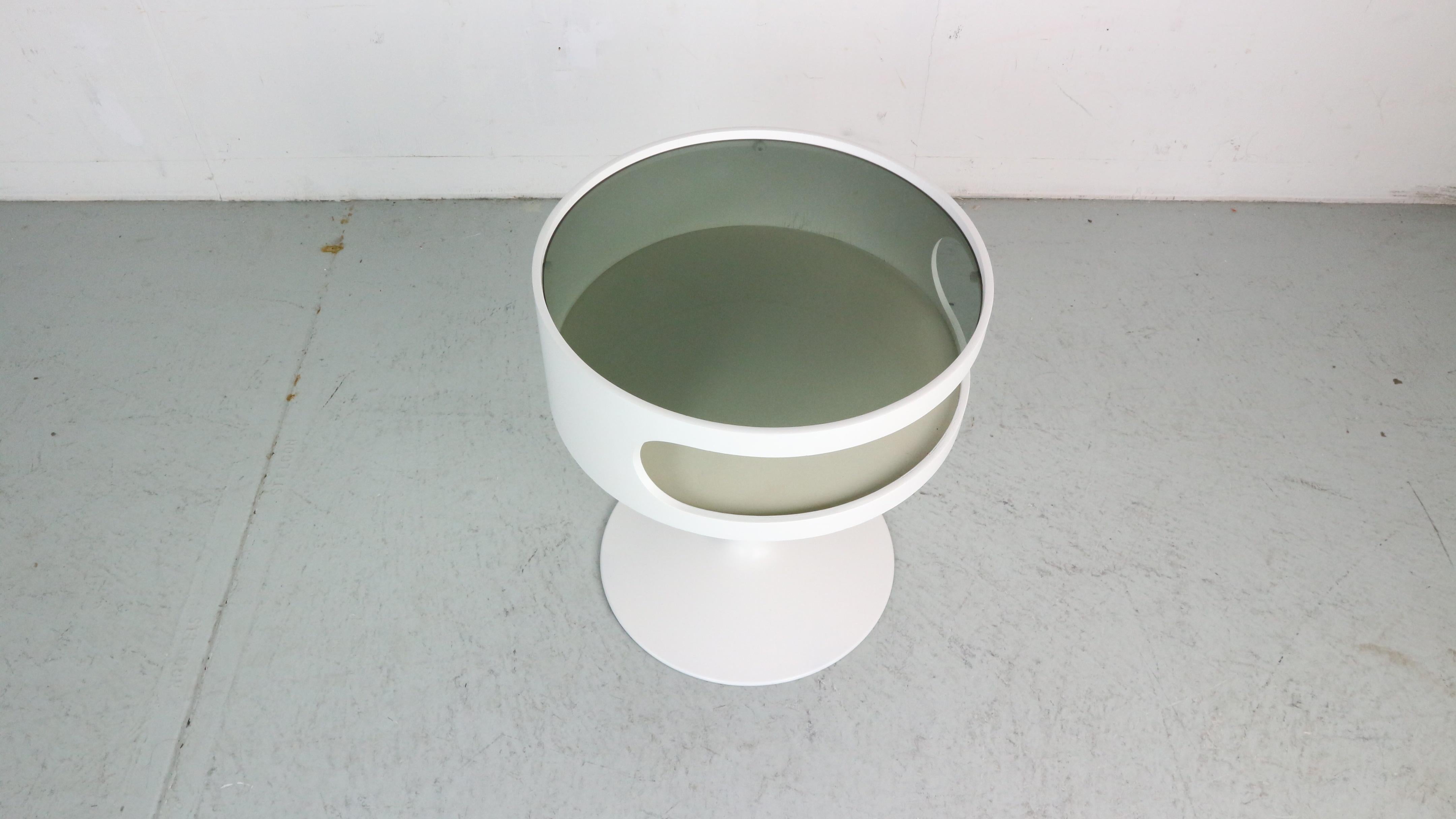 German 1970s round white side table from OPAL in Space Age design with smoked glass top