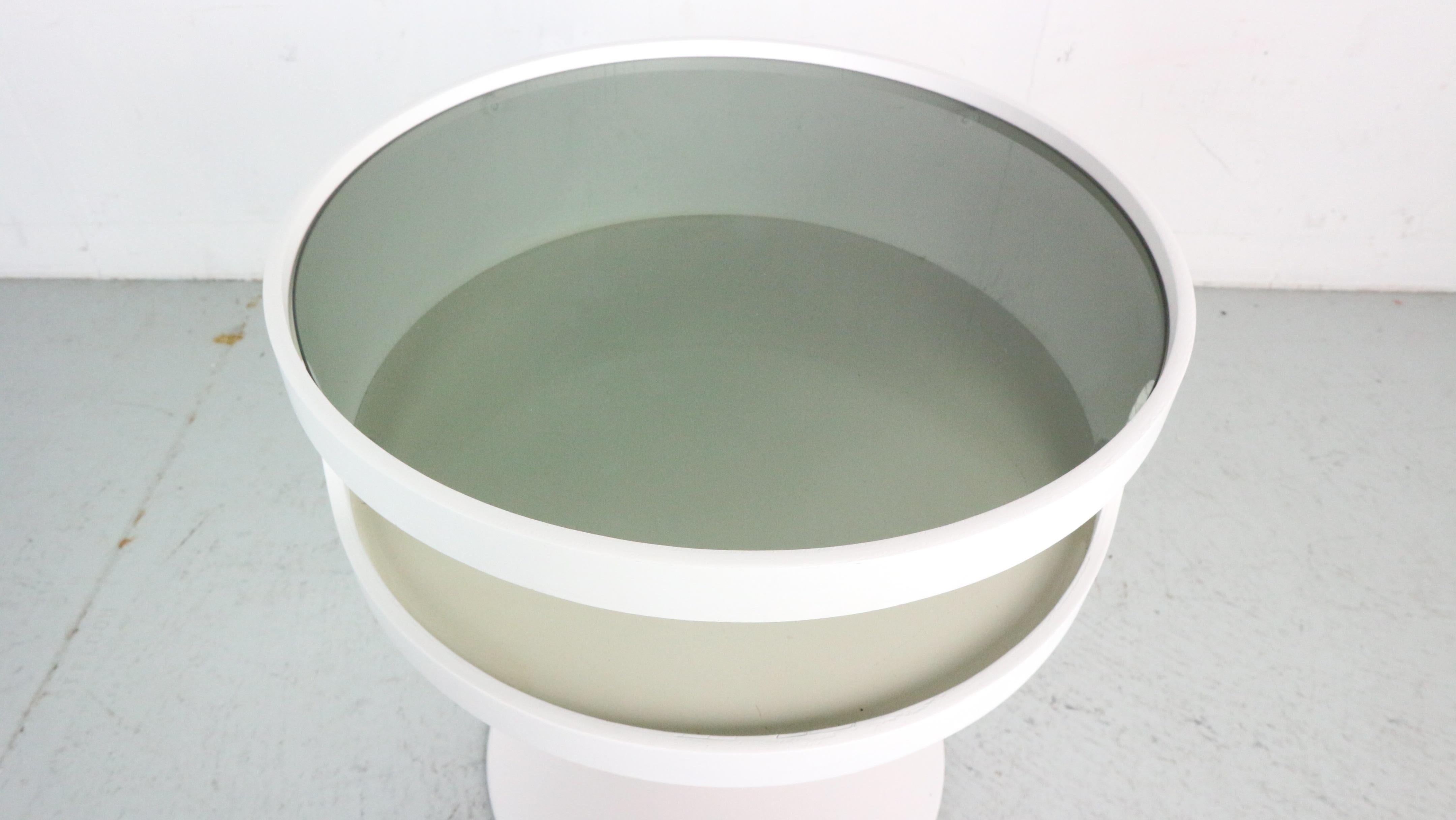 1970s round white side table from OPAL in Space Age design with smoked glass top 2