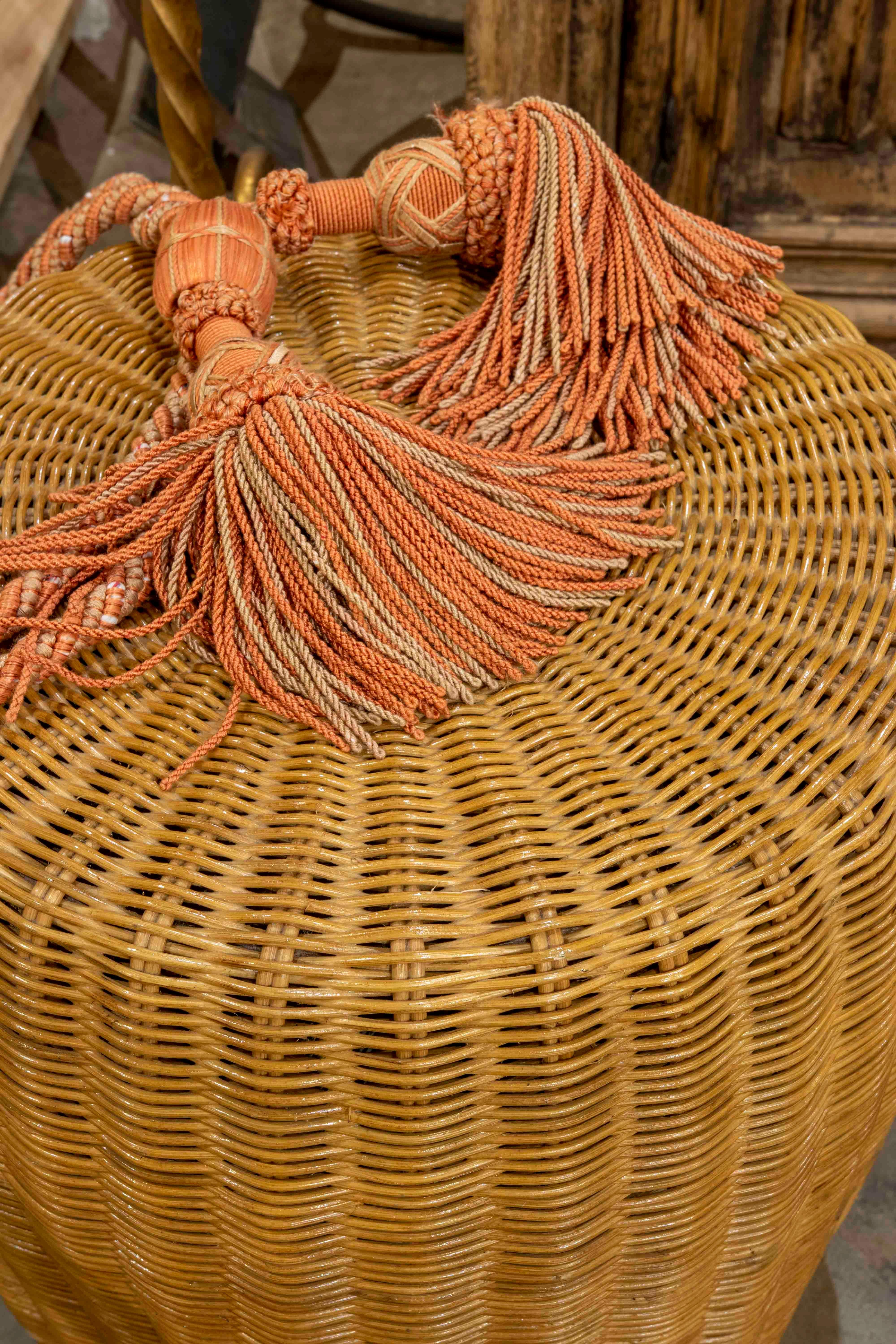 1970s Round Wicker Stool with Tassel For Sale 7