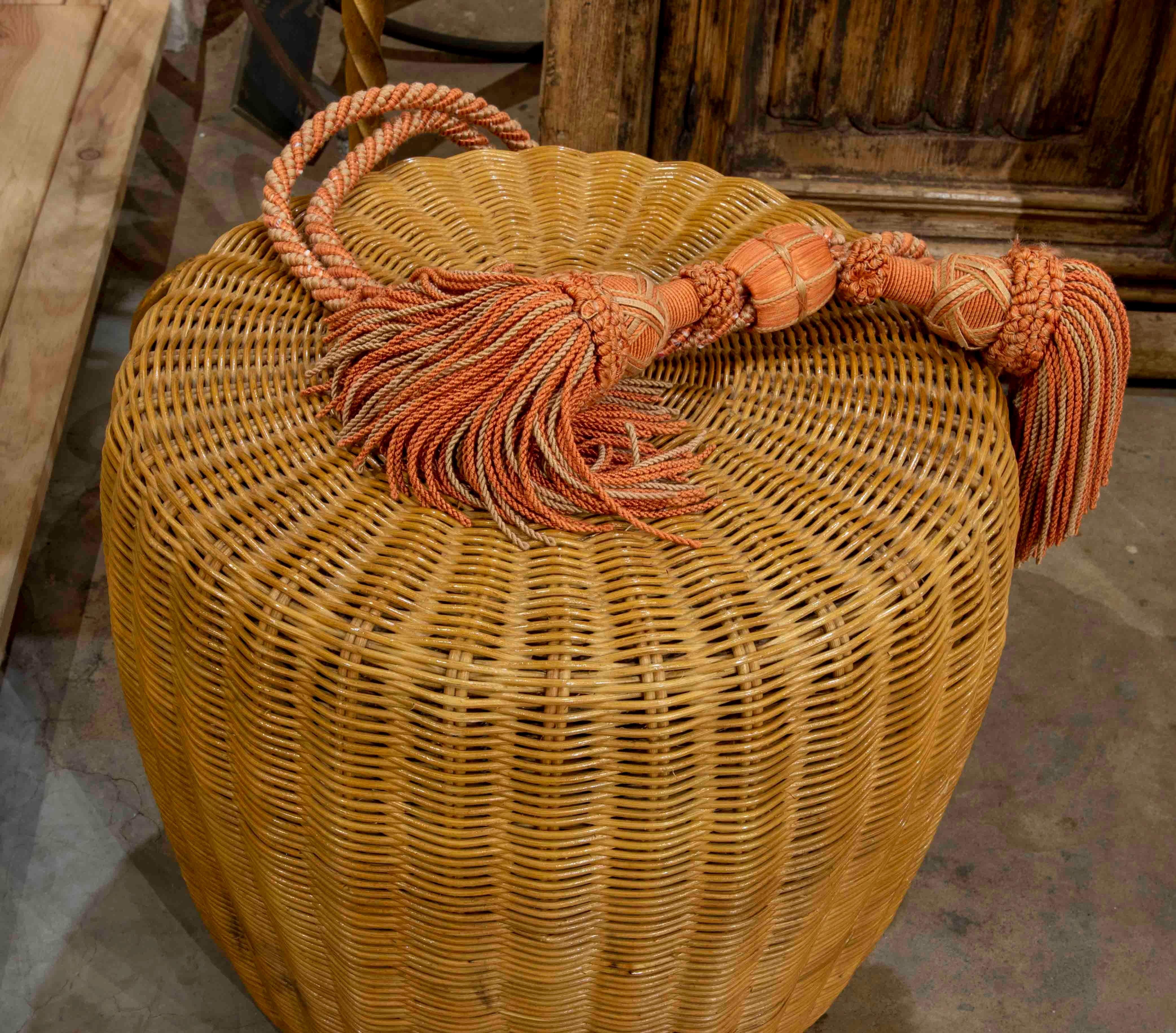 1970s Round Wicker Stool with Tassel For Sale 1
