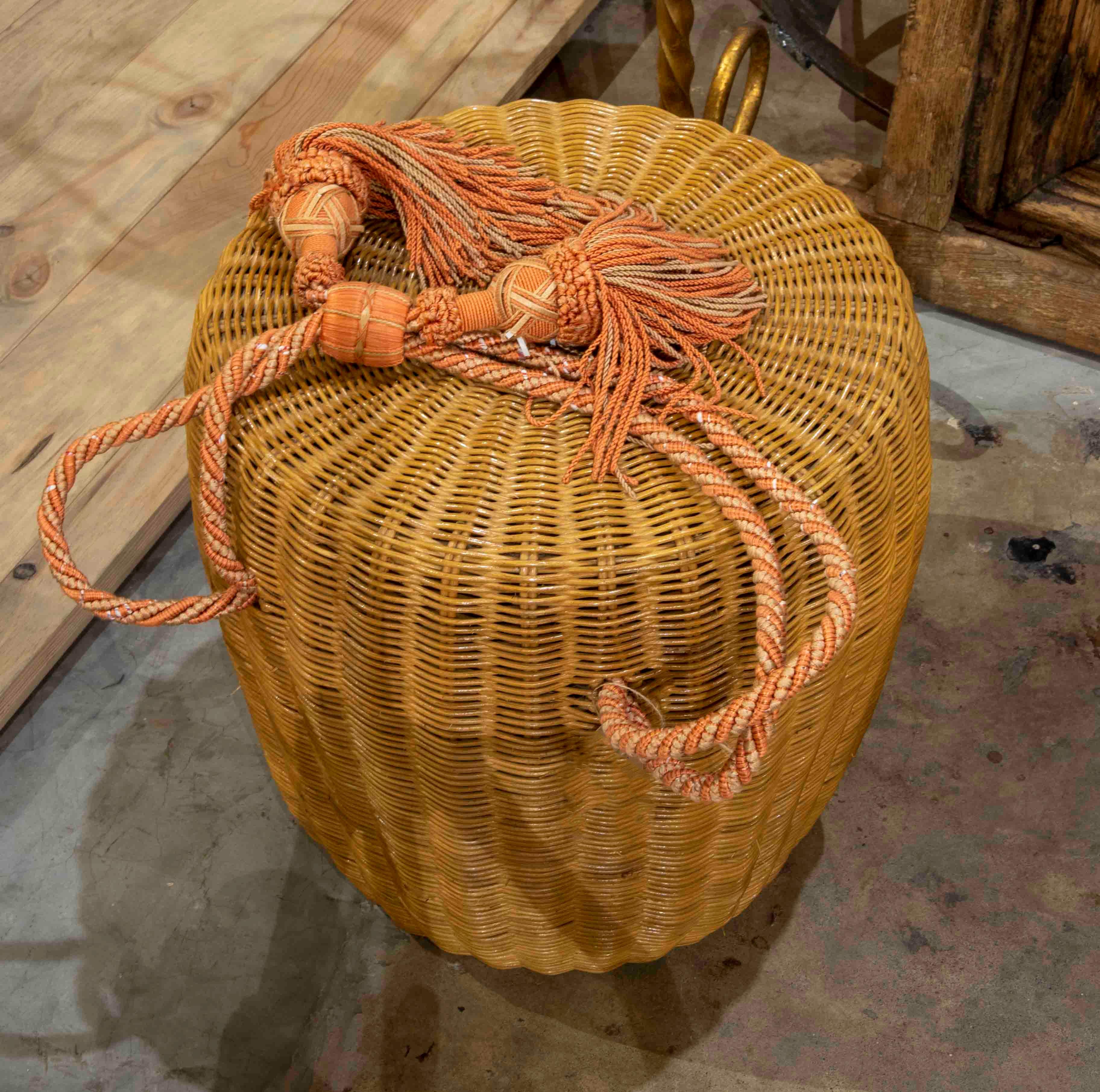 1970s Round Wicker Stool with Tassel For Sale 5