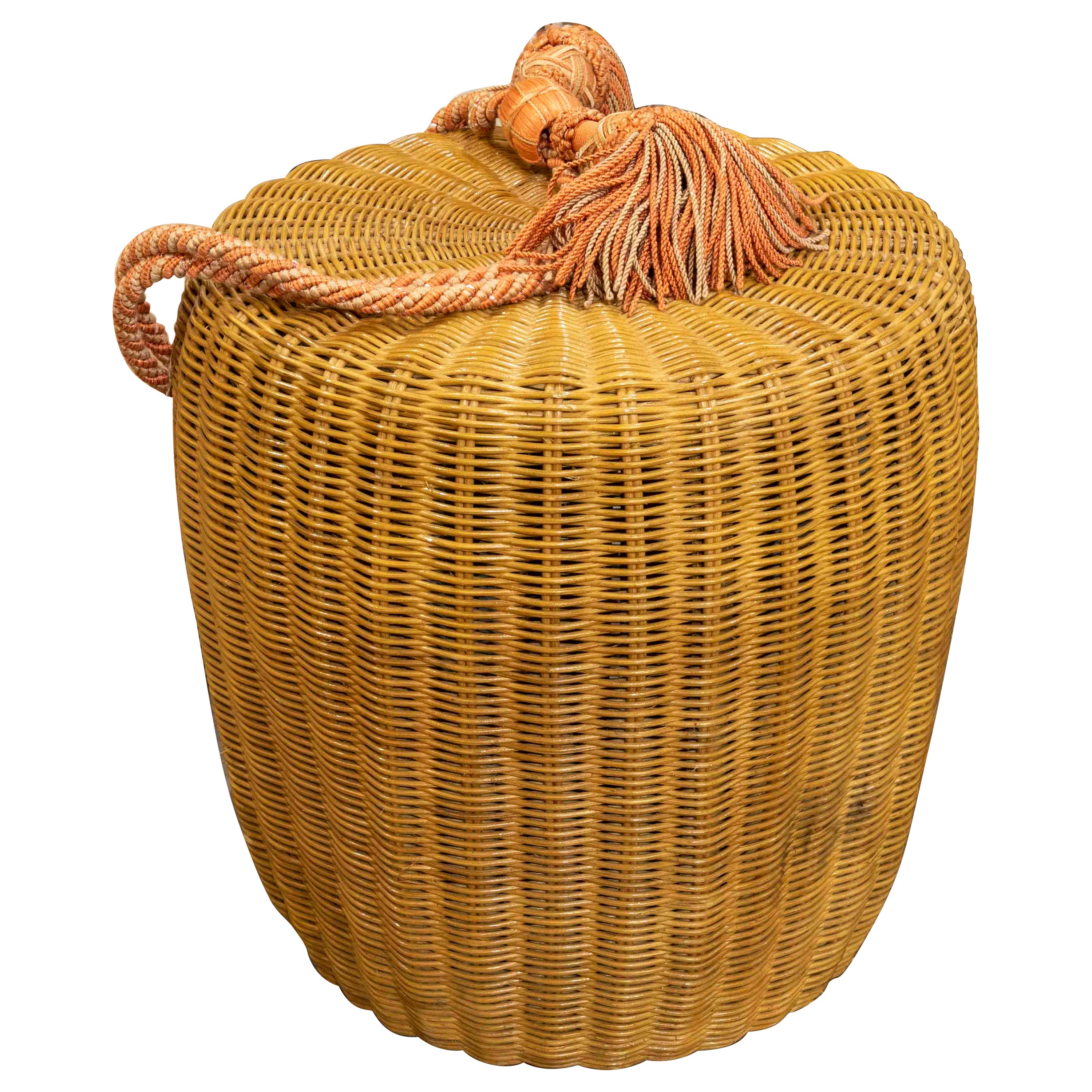 1970s Round Wicker Stool with Tassel