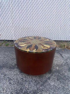 1970s Milo Baughman Circular Wood Brass Coffee Table Murano Art Glass Top
