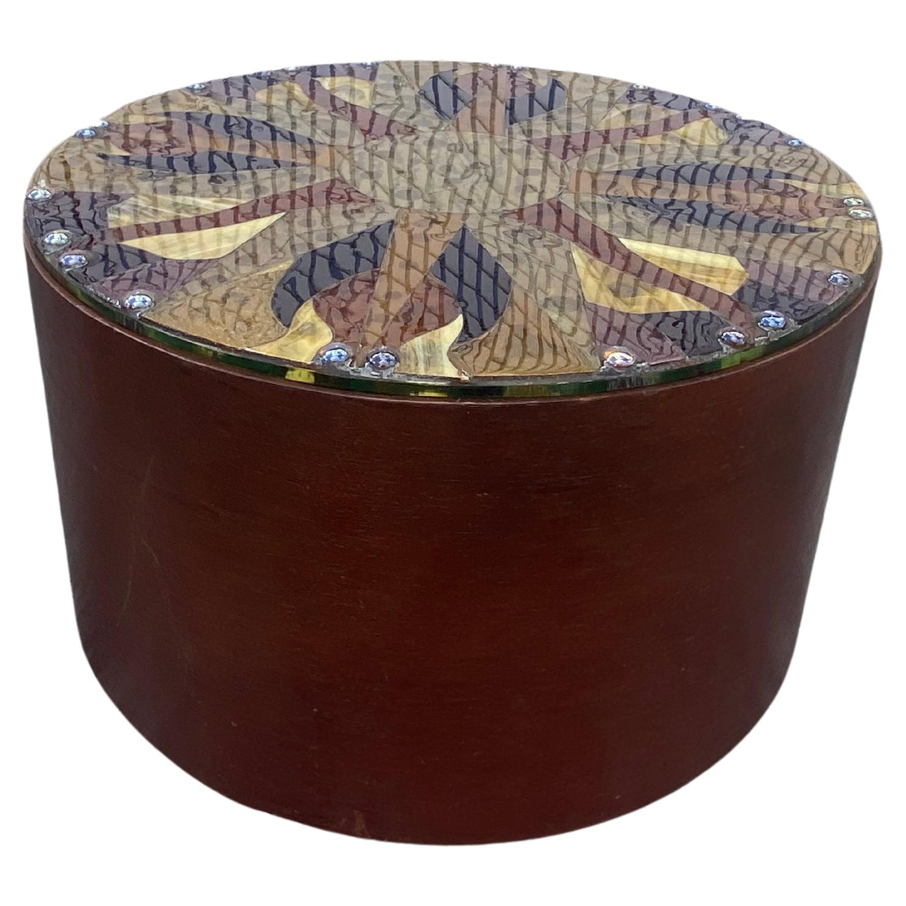 1970s Milo Baughman Circular Wood Brass Coffee Table Murano Art Glass Top For Sale