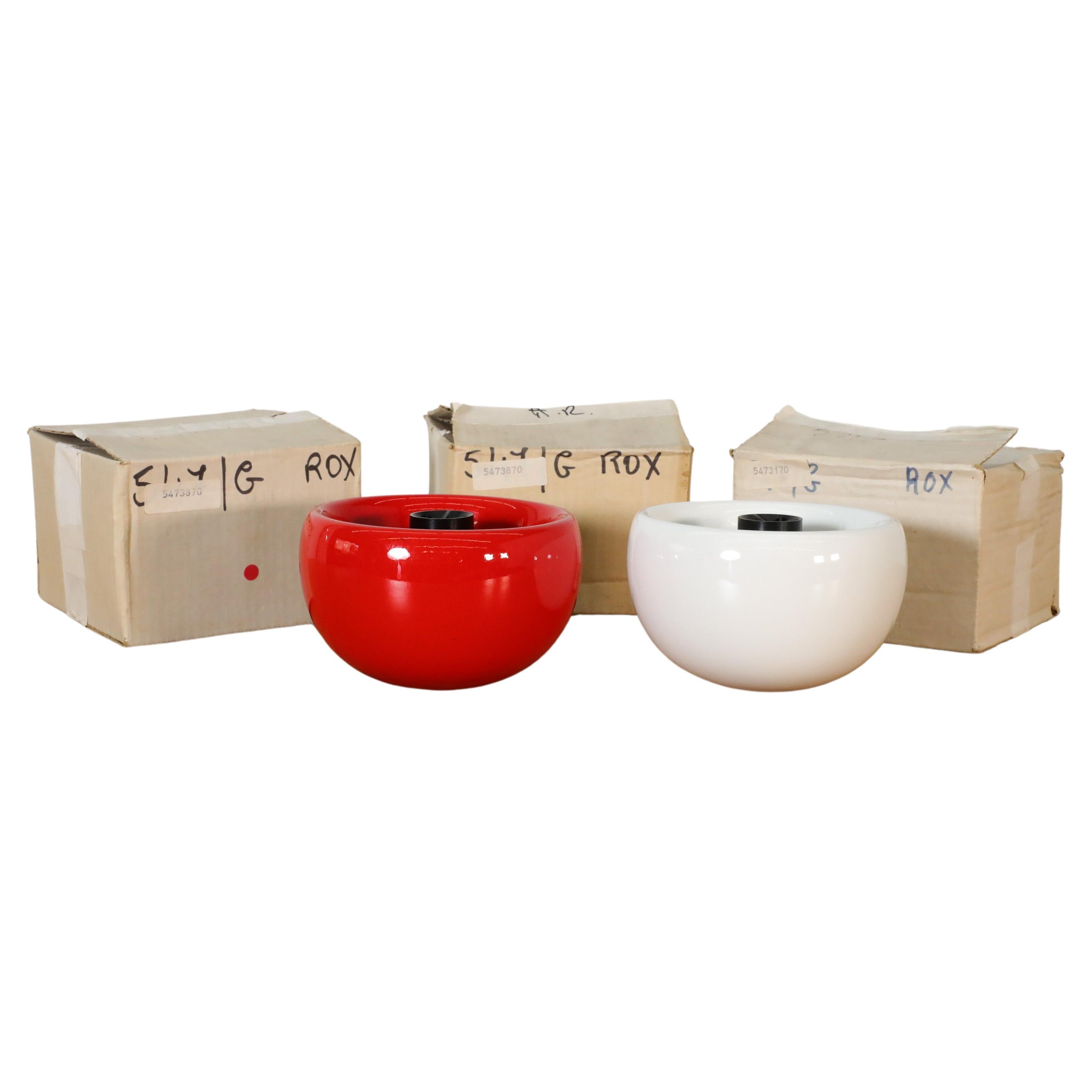 Posacenere rotondo in ceramica ROX Sicart rosso e bianco, anni '70, nuovo in scatola