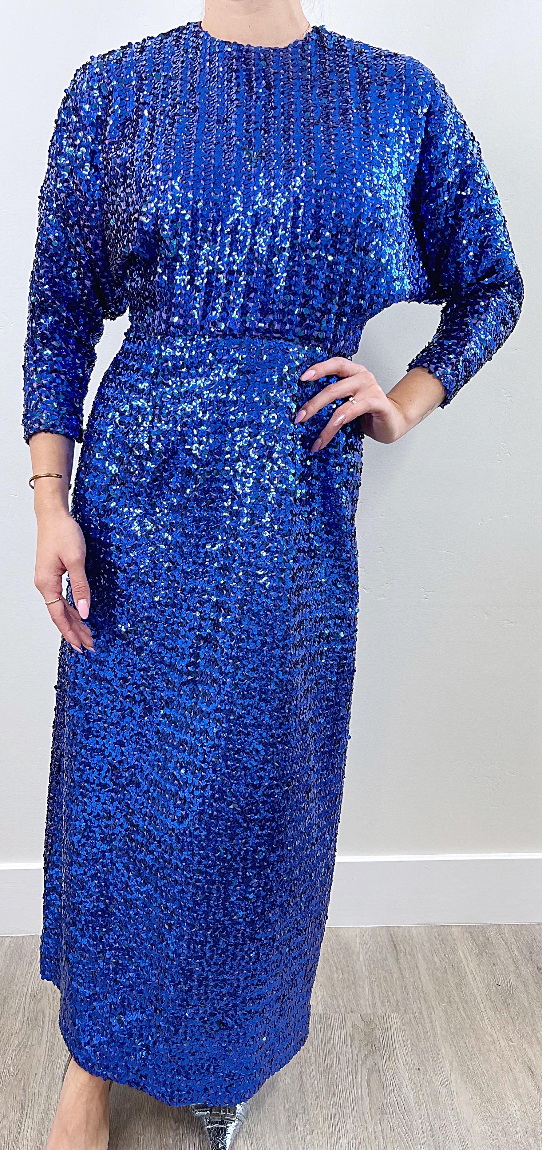 1970s Royal Blue Fully Sequin Dolman Sleeves Vintage 70s Evening Gown Dress  For Sale 7