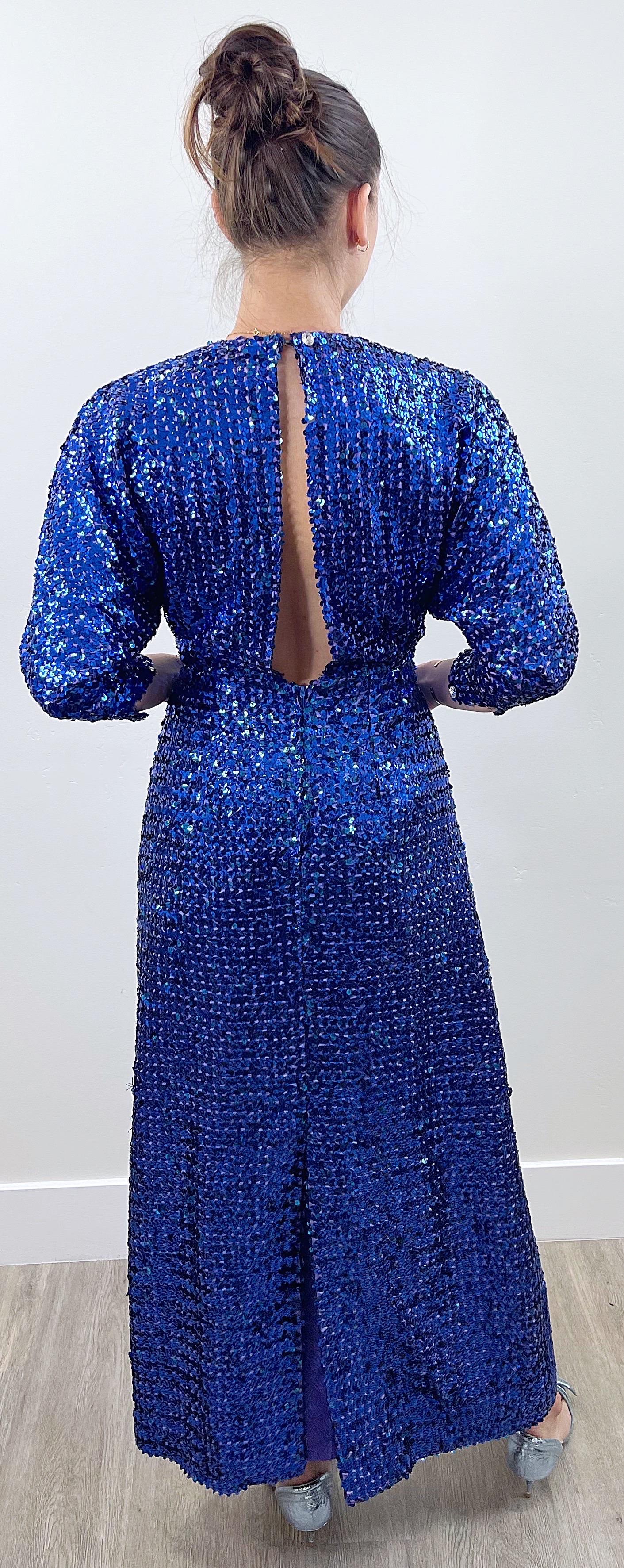 1970s Royal Blue Fully Sequin Dolman Sleeves Vintage 70s Evening Gown Dress  For Sale 8