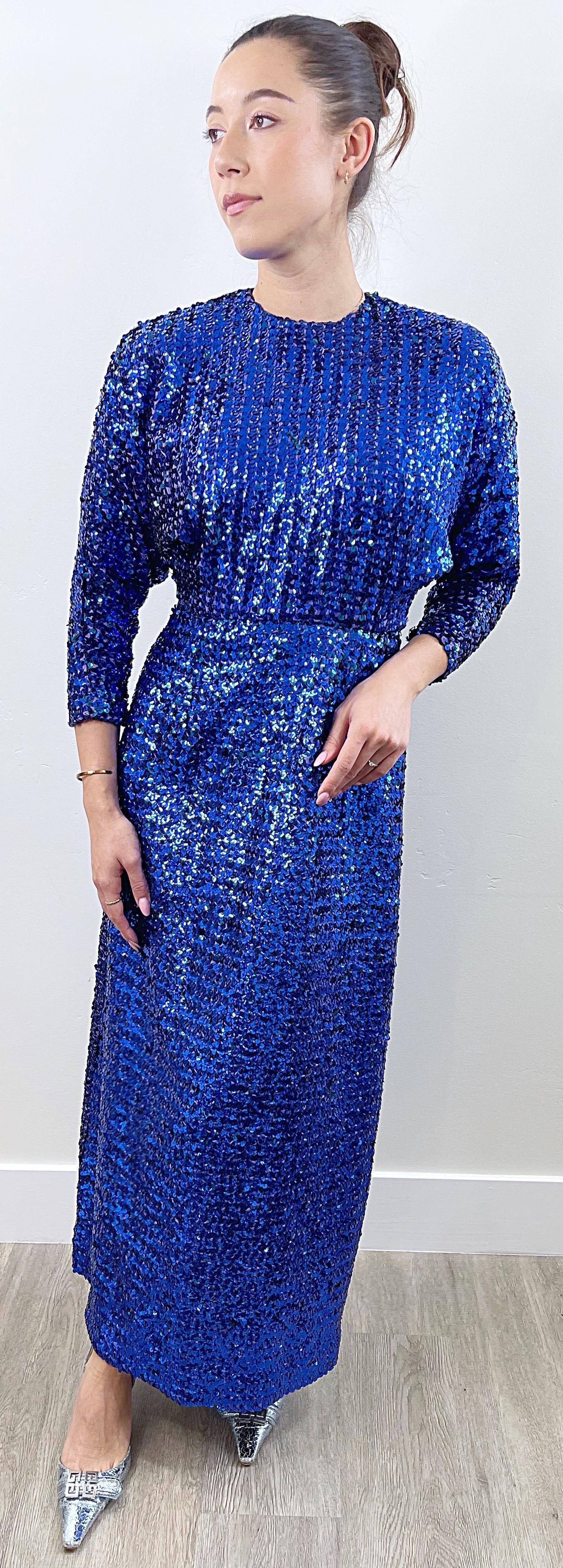 1970s Royal Blue Fully Sequin Dolman Sleeves Vintage 70s Evening Gown Dress  For Sale 9