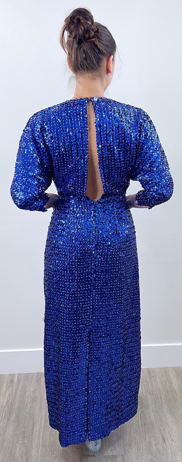 1970s Royal Blue Fully Sequin Dolman Sleeves Vintage 70s Evening Gown Dress