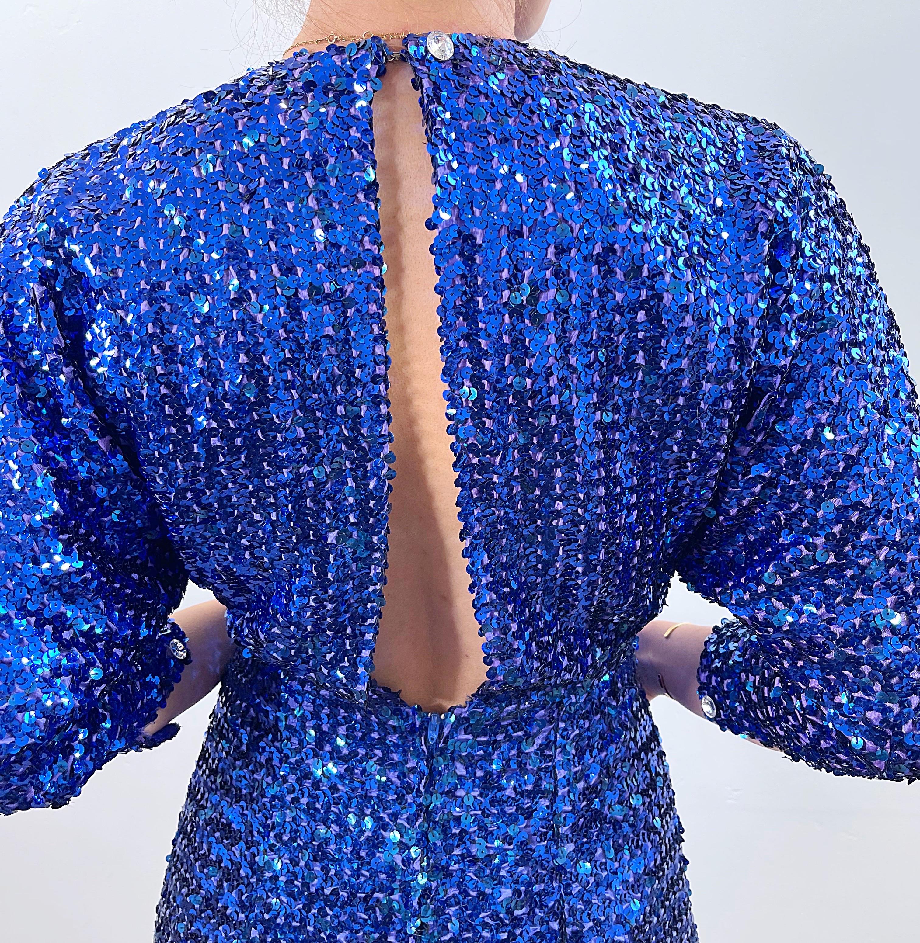 Women's 1970s Royal Blue Fully Sequin Dolman Sleeves Vintage 70s Evening Gown Dress  For Sale