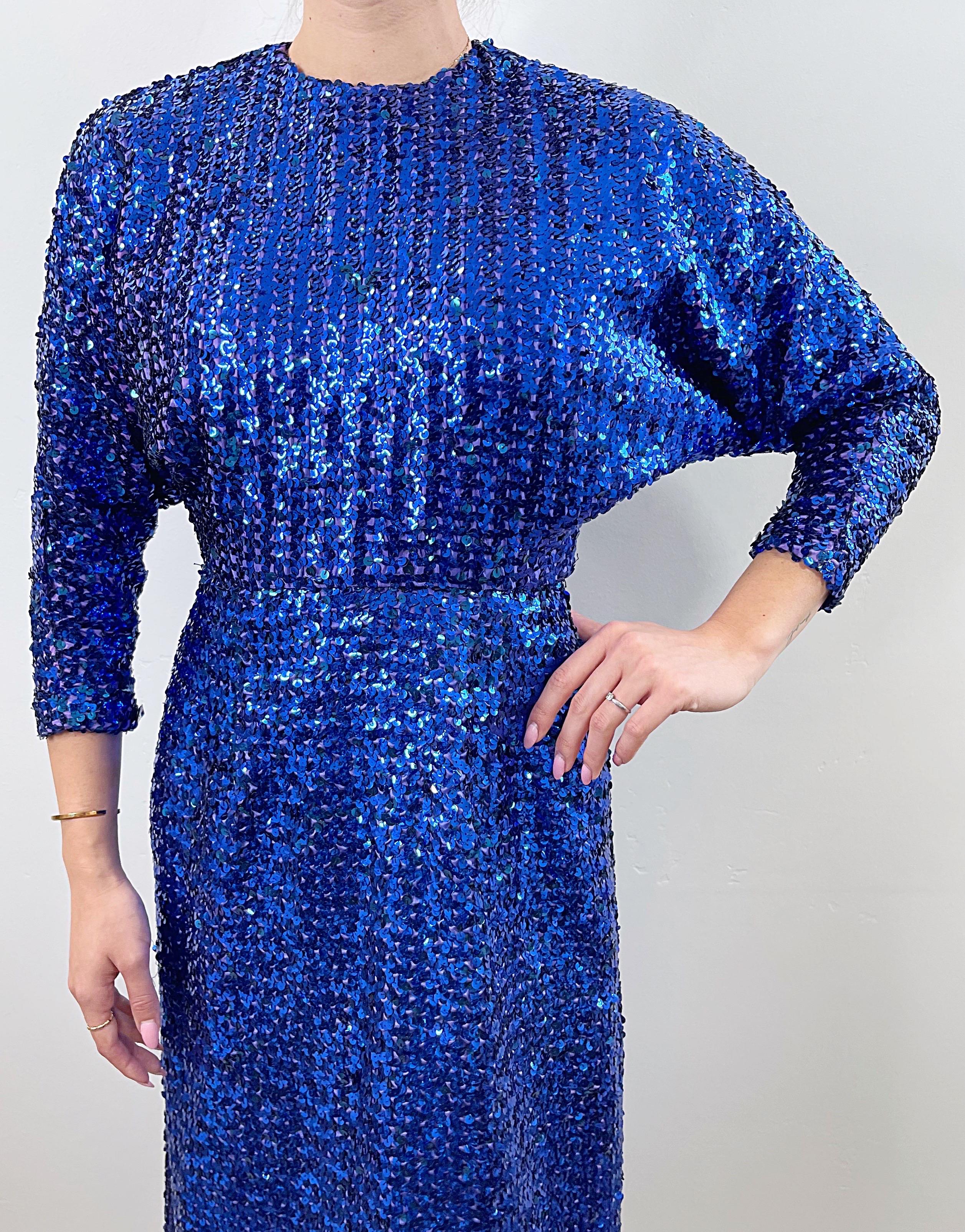 1970s Royal Blue Fully Sequin Dolman Sleeves Vintage 70s Evening Gown Dress  For Sale 1