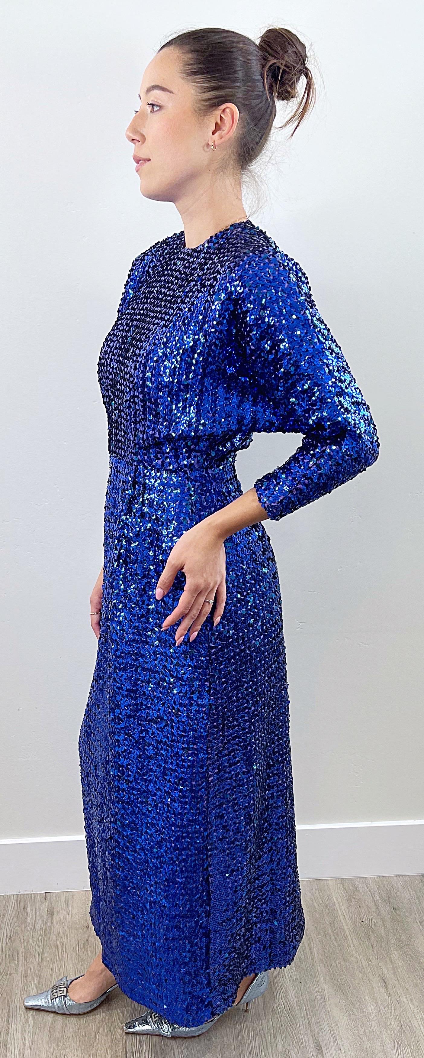 1970s Royal Blue Fully Sequin Dolman Sleeves Vintage 70s Evening Gown Dress  For Sale 2