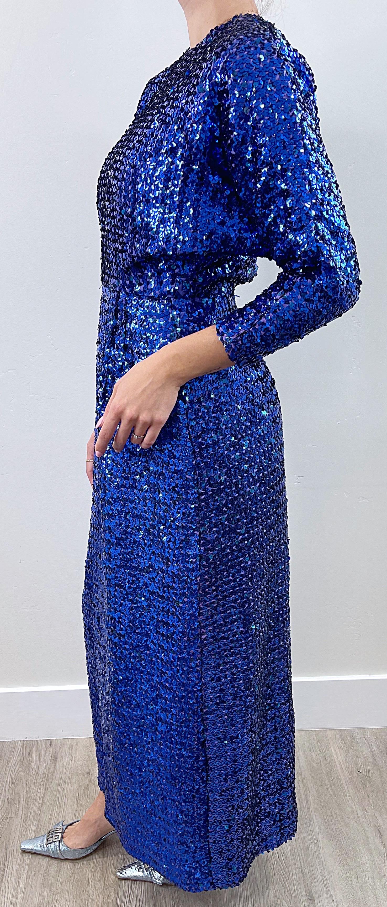 1970s Royal Blue Fully Sequin Dolman Sleeves Vintage 70s Evening Gown Dress For Sale 5