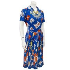 1970s Royal Blue Hermes Pavois Silk Scarf Skirt Ensemble