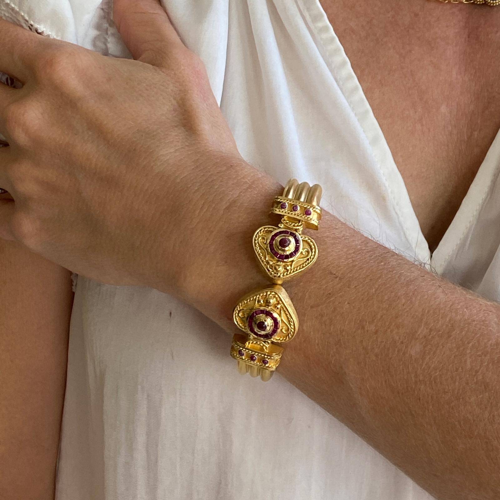 Contemporary 1970's Ruby 18 Karat Yellow Gold Estruscan Style Hinged Heart Cuff Bracelet