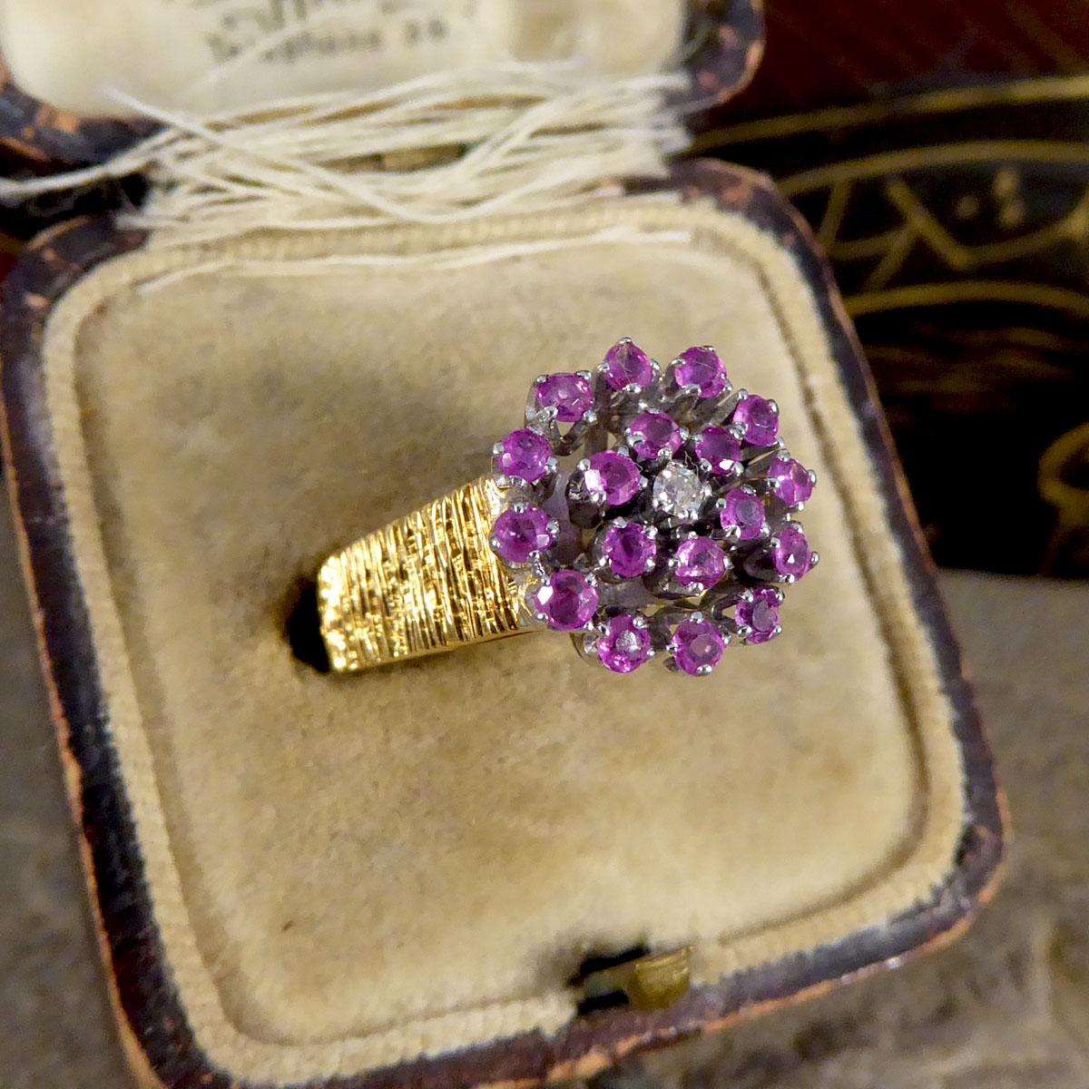 1970's Ruby and Diamond Flower Cluster Bark Effect Ring in 18ct Gold 4