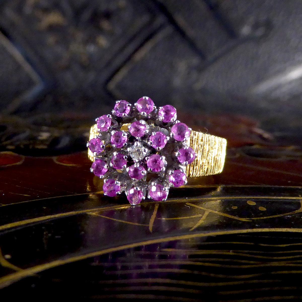 1970's Ruby and Diamond Flower Cluster Bark Effect Ring in 18ct Gold 1