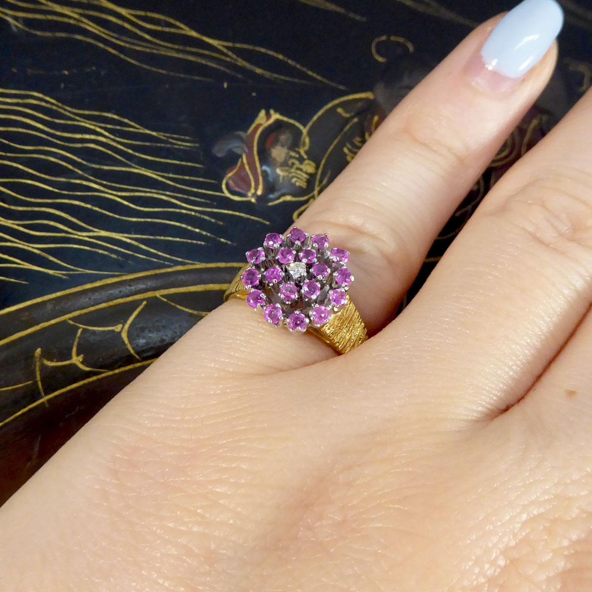 1970's Ruby and Diamond Flower Cluster Bark Effect Ring in 18ct Gold 2
