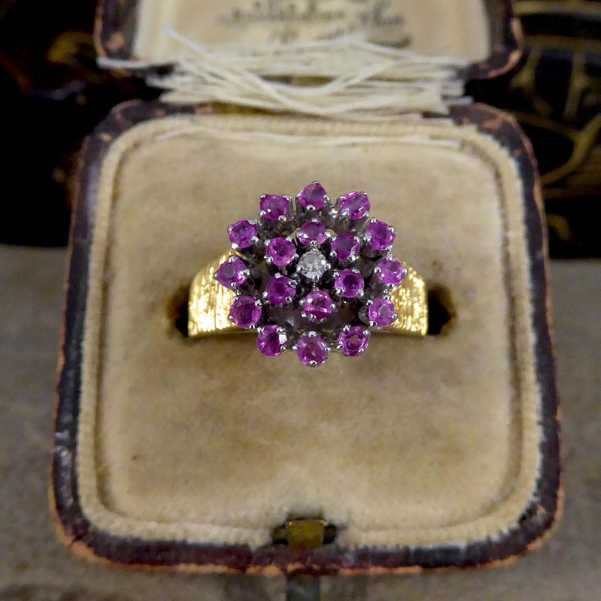 1970's Ruby and Diamond Flower Cluster Bark Effect Ring in 18ct Gold 3