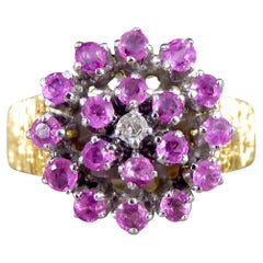 1970's Ruby and Diamond Flower Cluster Bark Effect Ring in 18ct Gold