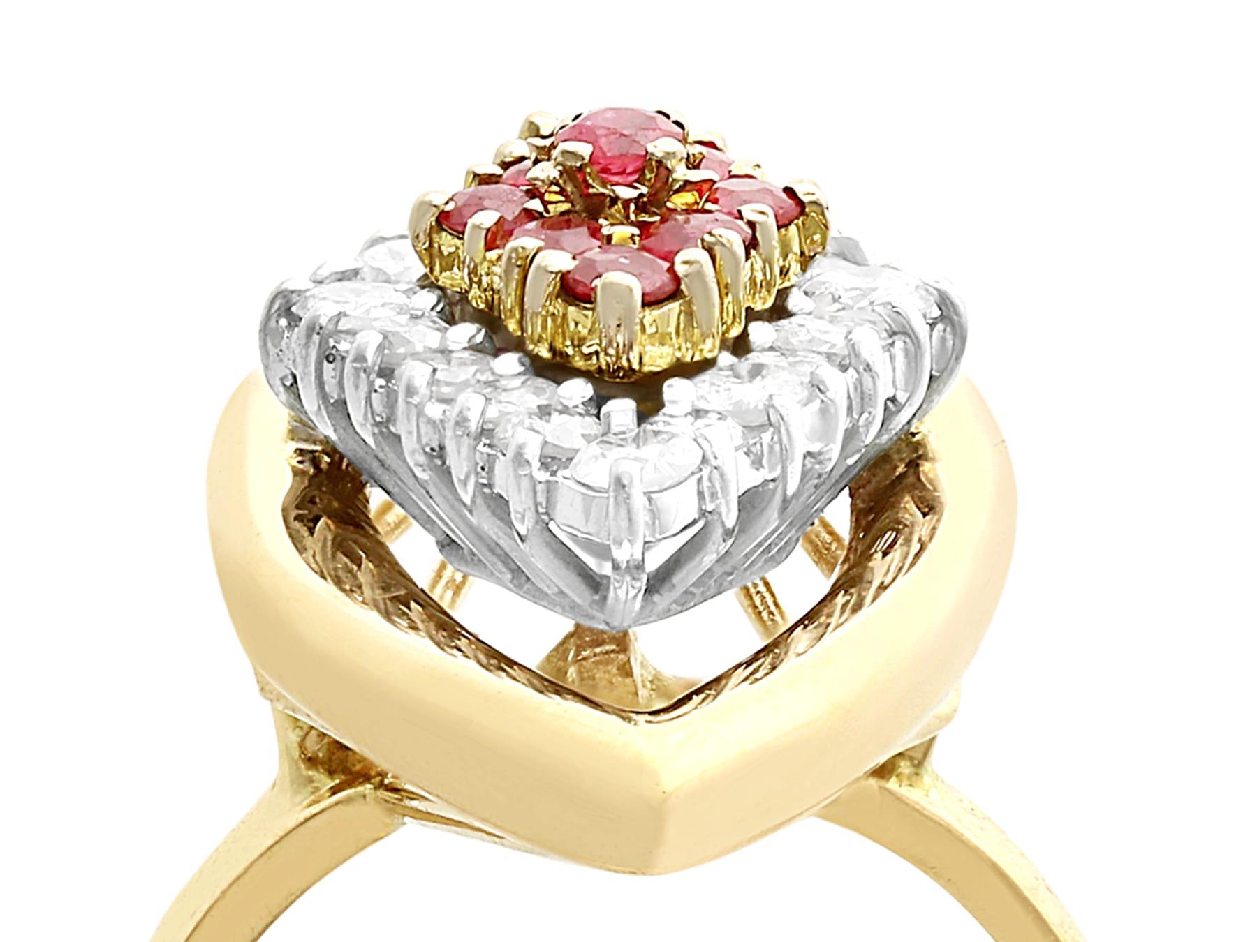 A fine and impressive vintage 0.40 carat natural ruby and 0.60 carat diamond, 18 karat yellow gold, 18 karat white gold set dress ring; part of our vintage jewelry and estate jewelry collections.

This fine vintage ruby cocktail ring has been