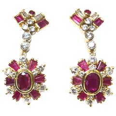 1970s Ruby and Diamond Yellow Gold Dangling Earrings