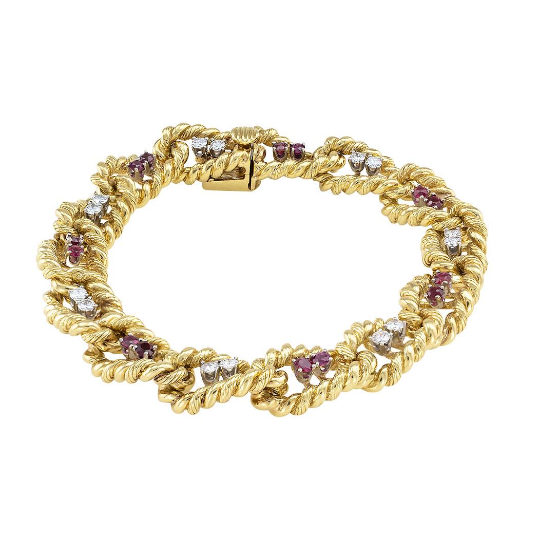 Moderne 1970 Bracelet à maillons en or jaune avec rubis et diamants en vente