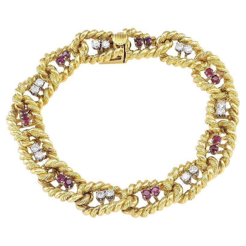 1970s Ruby Diamond Yellow Gold Link Bracelet